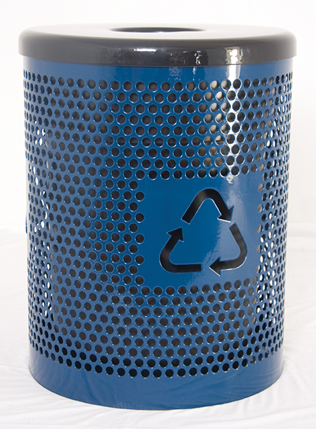 Recycle Logo 32 Gallon Perforated Metal Trash Recptacle with Lid and Liner