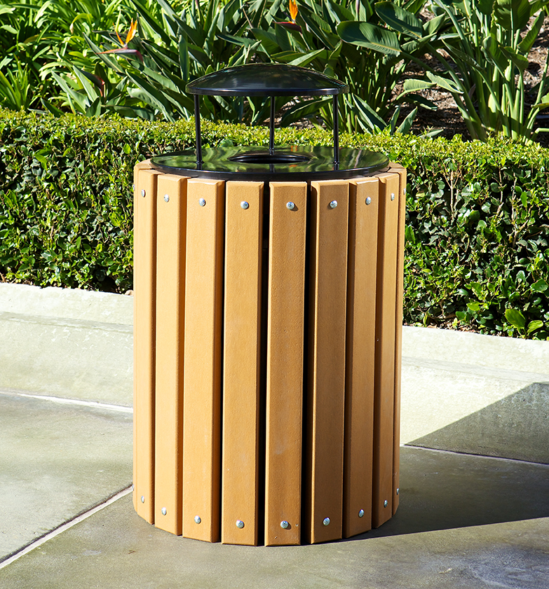 Slatted Wood Trash Recptacle with Liner and Lid